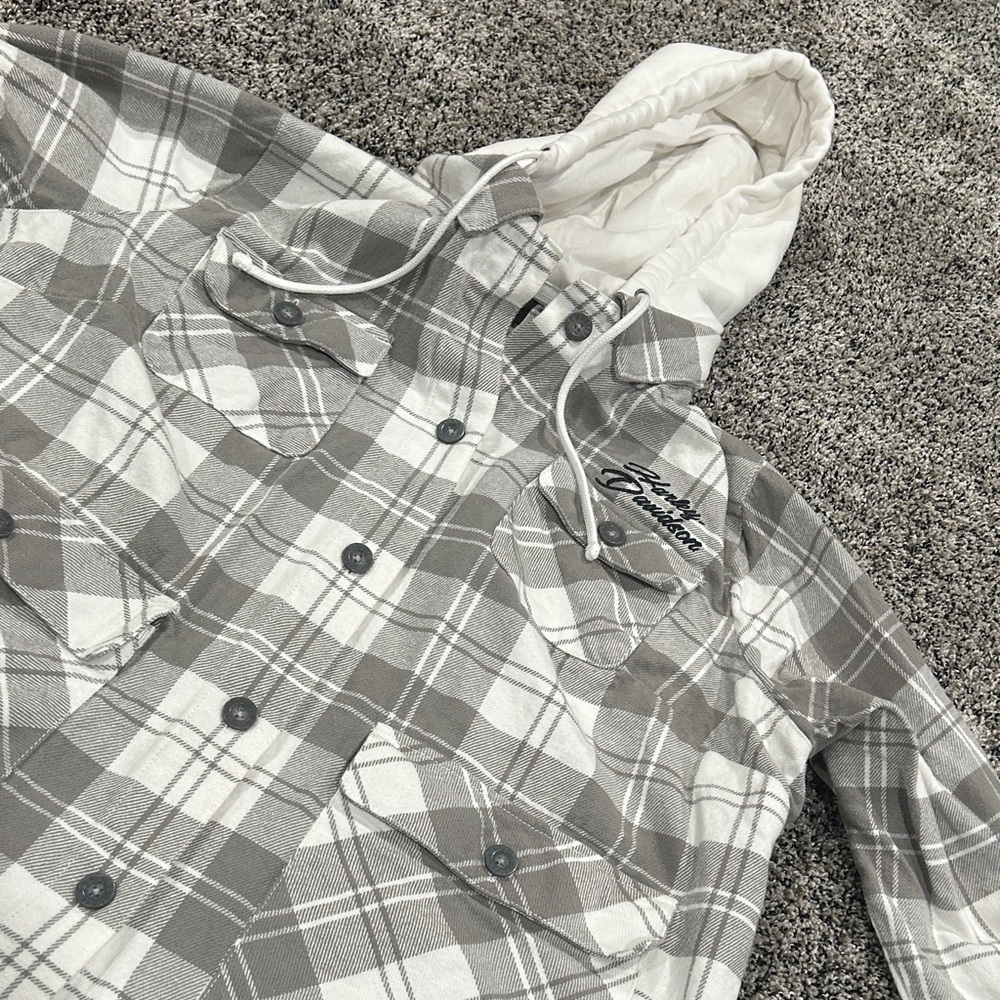 Harley-Davidson Gray and White Plaid Hooded Shirt